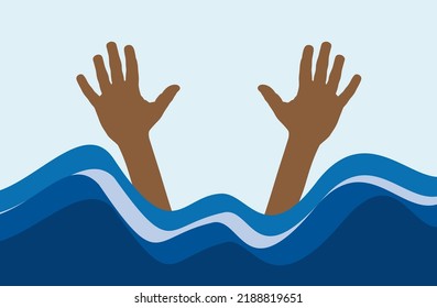 Bather asking for help while drowning. Hands of migrants emerging from the waves of the sea. Illegal immigration. Vector illustration