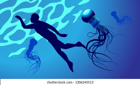 The bather swim between jellyfishes in menace water, the dangerouse season, attack of medusa underwater