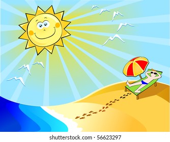 Bathers relaxing on the beach, vector illustration