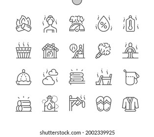 Bathhouse. Bath towels. Hot water and essential oils. Sauna, treatment, warm, healthcare, spa. Pixel Perfect Vector Thin Line Icons. Simple Minimal Pictogram