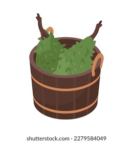 Bathhouse brooms in wooden bucket isometric icon 3d vector illustration