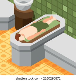 Bathhouse isometric background with male character relaxing in steam room 3d vector illustration