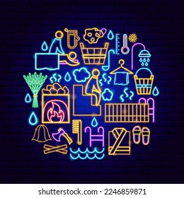 Bathhouse Neon Concept. Vector Illustration of Spa Wash Promotion.