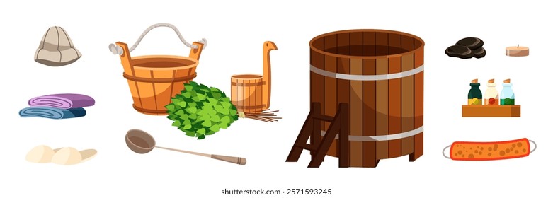 Bathhouse and sauna accessory set. Hat, pair of slippers, towel stack, wooden spoon, basket and ladle, oak birch broom with green leaf. Equipment and clothing for steam room.