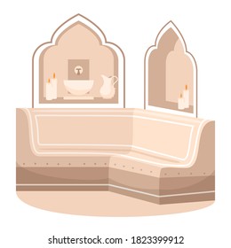 Bathhouse semi flat RGB color vector illustration. Hotel resort washing room. Oriental bathroom. Eastern antique salon. Luxury marble sauna isolated cartoon object on white background