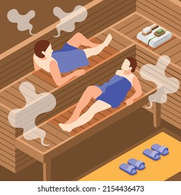 Bathhouse and spa isometric background with two woman relaxing in wooden steam room 3d vector illustration