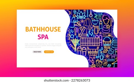 Bathhouse Spa Neon Landing Page. Vector Illustration of Washing Procedure. Clean and Wash. Glowing Led Lamp Promotion.