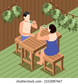 Bathhouse and spa relaxing isometric background with male and female characters drinking tea after cleaning vector illustration