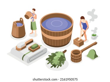 Bathhouse and spa relaxing isometric composition with bath tools and accessories isolated vector illustration