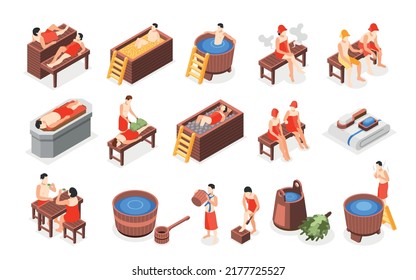 Bathhouse and spa relaxing isometric set demonstrating people in steam bath massage procedures tea time isolated vector illustration