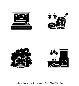 Bathhouse escribe iconos de glifos negros en el espacio blanco. Sala de vapor, vaporarium, sauna de infrarrojos moderna y símbolos tradicionales de banya rusos. Bañera de sexo mixto. Ilustraciones aisladas de vectores