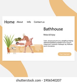 Bathhouse webpage, spa and relax massage, steam room with broom. Vector illustration health relaxation, recreation and wellness sauna for body and skin care, bathhouse steam