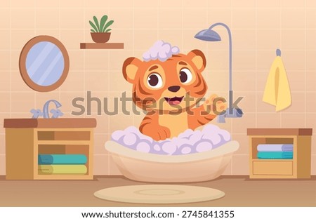 Bathing animals. Cartoon background with washing time animals exact vector illustration