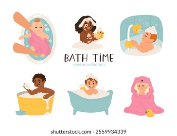 Bathing babies set. Calm kids bathing, washing themselves in bathtub. Cute little boys and girls, sweet children in bathroom. Flat cartoon vector illustrations isolated on white background