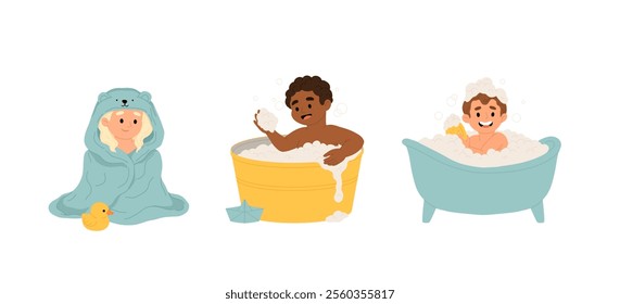 Bathing babies set. Calm kids bathing, washing themselves in bathtub. Cute little boys and girls, sweet children in bathroom. Flat cartoon vector illustrations isolated on white background