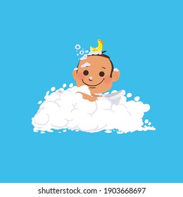 Bathing baby with bubble foam - vector illustration