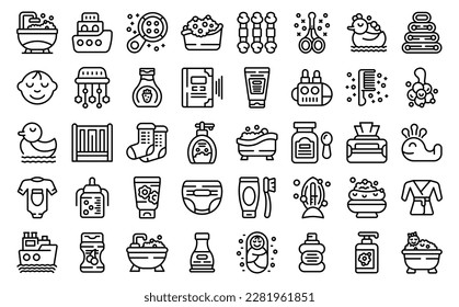 Bathing a baby icons set outline vector. Newborn infant. Mom care