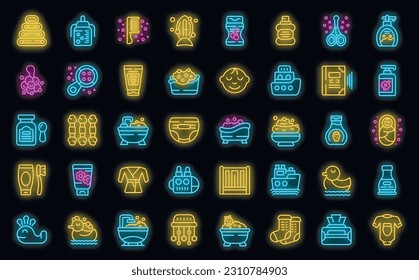 Bathing a baby icons set outline vector. Newborn infant. Mom care neon color on black