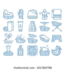 Bathing Baby Tool sketch icon vector. Hand drawn blue doodle line art Towel And Bathrobe, Bath Thermometer And Towel, Paper Roll And Napkin, Cream And Shampoo Illustrations