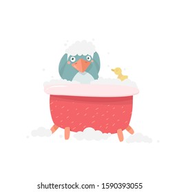 Bathing in a bath on a white background. Cute penguin bathes in the bathroom with a duck. Flat illustration. White background. Hygiene. Vector. Stock illustration.