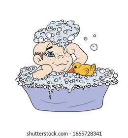 A bathing boy in a basin with foam on his head and a Trident. Colorful silhouette. Children's flat vector design on a white isolated background.