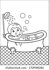 Bathing boy coloring page for kids. Vector illustration.
