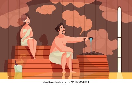 Bathing cartoon background with couple steaming together in steam room flat vector illustration