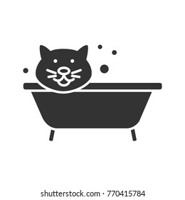 Bathing cat glyph icon. Grooming service. Pets hygiene. Silhouette symbol. Negative space. Vector isolated illustration