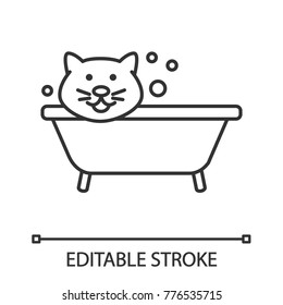Bathing cat linear icon. Grooming service. Thin line illustration. Pets hygiene. Contour symbol. Vector isolated outline drawing. Editable stroke