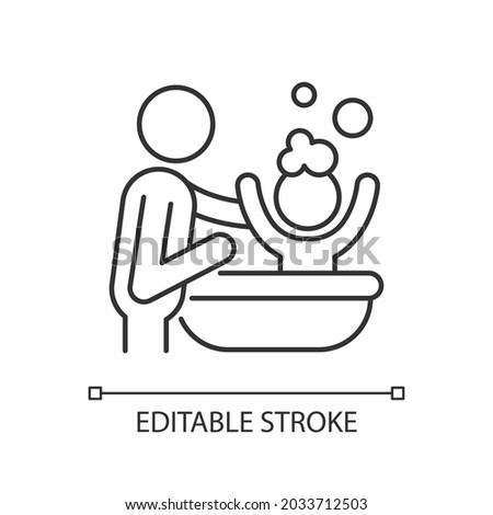 Bathing child linear icon. Providing secure feeling. Skin-to-skin contact. Bathtime bonding. Thin line customizable illustration. Contour symbol. Vector isolated outline drawing. Editable stroke