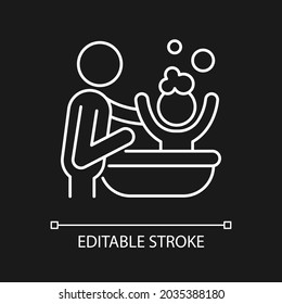 Bathing child white linear icon for dark theme. Providing secure feeling. Skin-to-skin contact. Thin line customizable illustration. Isolated vector contour symbol for night mode. Editable stroke