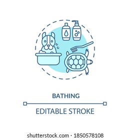 Bathing concept icon. Grooming services types. Animal salon. Dog and cat cleaning bath. Veterenary services idea thin line illustration. Vector isolated outline RGB color drawing. Editable stroke