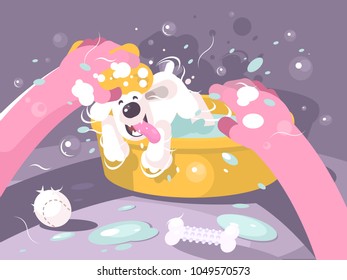 Bathing dog in basin with water. Doggie washing, vector illustration