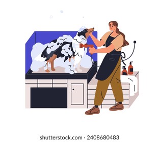 Bathing dog at canine beauty salon. Grooming, washing doggies hair, coat with shampoo, soap, water shower at groomers. Groomer and pet service. Flat vector illustration isolated on white background