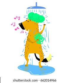 Bathing dog. Cute dog takes a shower in the cap with shower sponge and hums the melody. Vector cartoon illustration about grooming