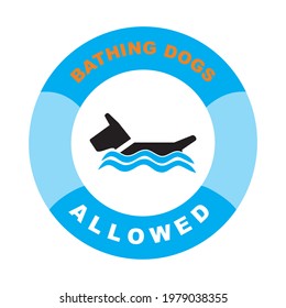 Bathing dogs allowed. Vector sign. Blue circle frame, white and red text	