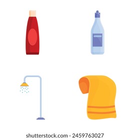 Bathing equipment icons set cartoon vector. Various accessory for bathing. Hygiene concept