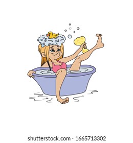 Bathing girl in a basin with foam on her head and a washcloth. Colorful silhouette. Children's flat vector design on a white isolated background.
