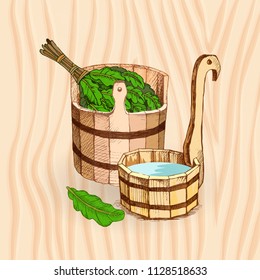 Bathing goods. A wooden barrel and an oak broom for a sauna. A template for the bathing company. The place for your text. The manual drawing shading against the background of wooden texture. A