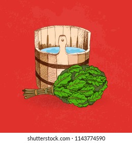 Bathing goods. A wooden barrel and an oak broom for a sauna. A template for the bathing company. The place for your text. The manual drawing shading on a red background. A template for design of