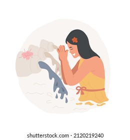 Bathing in a holy spring abstract concept vector illustration. Young Buddhist woman bathing in holy water, religious pilgrimage, worship place, making spiritual practices abstract metaphor.