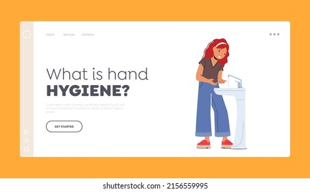 Bathing, Hygiene Landing Page Template. Little Girl Stand at Sink in Bathroom Washing Hands. Kid Female Character Morning or Evening Routine, Child Health Care. Cartoon People Vector Illustration