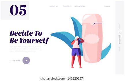 Bathing Hygiene Procedures Website Landing Page. Tiny Female Character Dry Hair with Towel after Washing Stand at Huge Shampoo Bottle Everyday Routine Web Page Banner. Cartoon Flat Vector Illustration