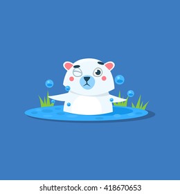 Bathing In Ice-hole Polar Bear Flat Primitive Geometric Design Vector Icon Isolated On Blue Background