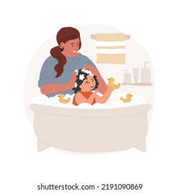 Bathing isolated cartoon vector illustration. Nanny bathing a child, kid play with toy in bathtub, daycare activities, in-home help with children, professional caregiver service vector cartoon.