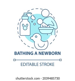 Bathing newborn blue concept icon. Baby hygiene abstract idea thin line illustration. Take bath with baby twice a week. Kid bathtub. Vector isolated outline color drawing. Editable stroke