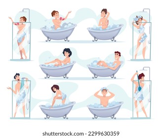 Bathing people. Characters daily self washing exact vector bathing time