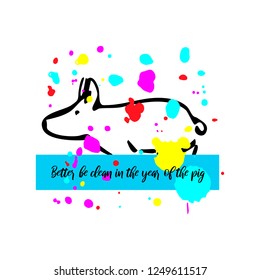 Bathing pig with colorful  splashes. Hand drawn Symbol of the Year 2019. Vector  illustration EPS 10
