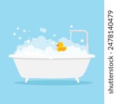 Bathing and relaxing concept. Bath full of foam with bubbles and yellow rubber duck. Bathroom. Vector illustration