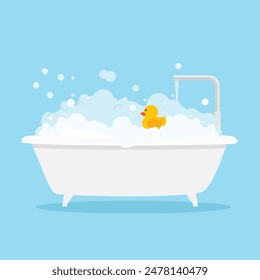 Bathing and relaxing concept. Bath full of foam with bubbles and yellow rubber duck. Bathroom. Vector illustration